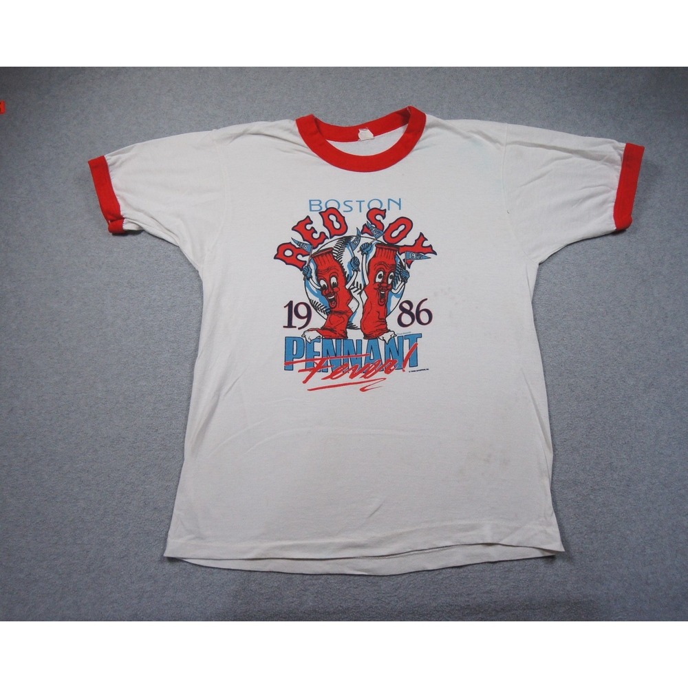 Vintage Boston Red Sox Shirt Mens Small White Ringer Tee 80s MLB Baseball 1986